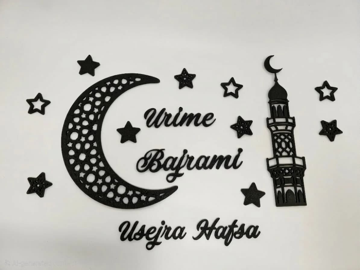 Dekor 3D “Urime Bajrami” me Emër të Personalizuar – Hënë dhe Minare